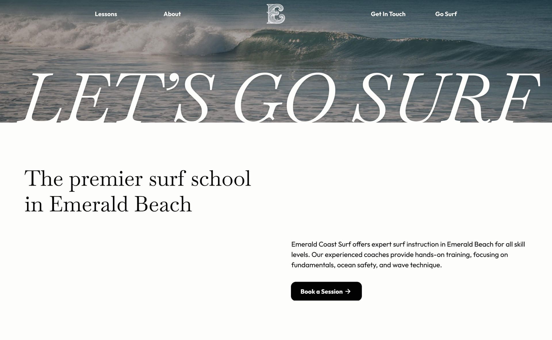 An inviting surf school website design with oceanic imagery and strong calls to action for potential surfers.