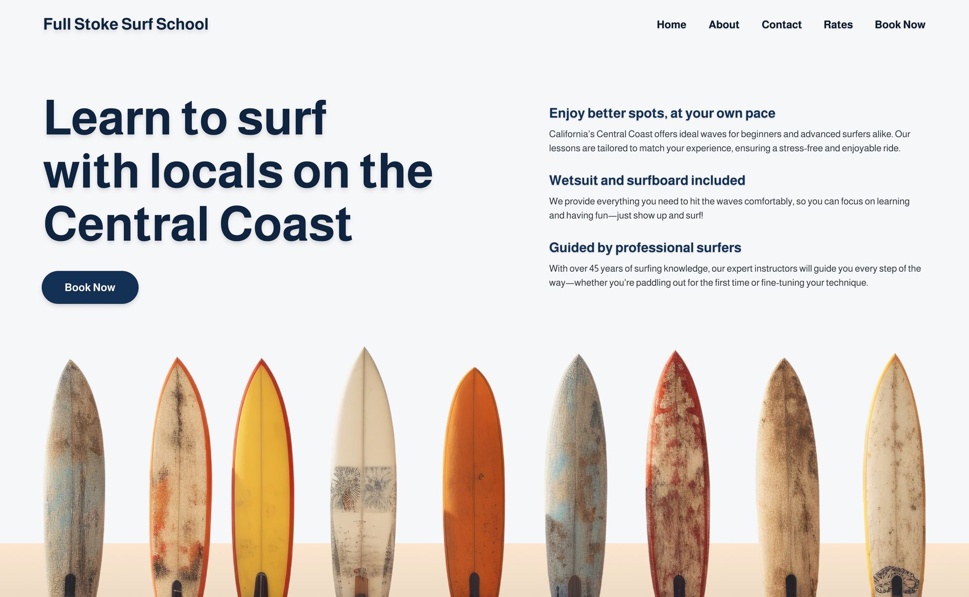 A vibrant and inviting website design for a surf school, featuring surfboards and engaging navigation.