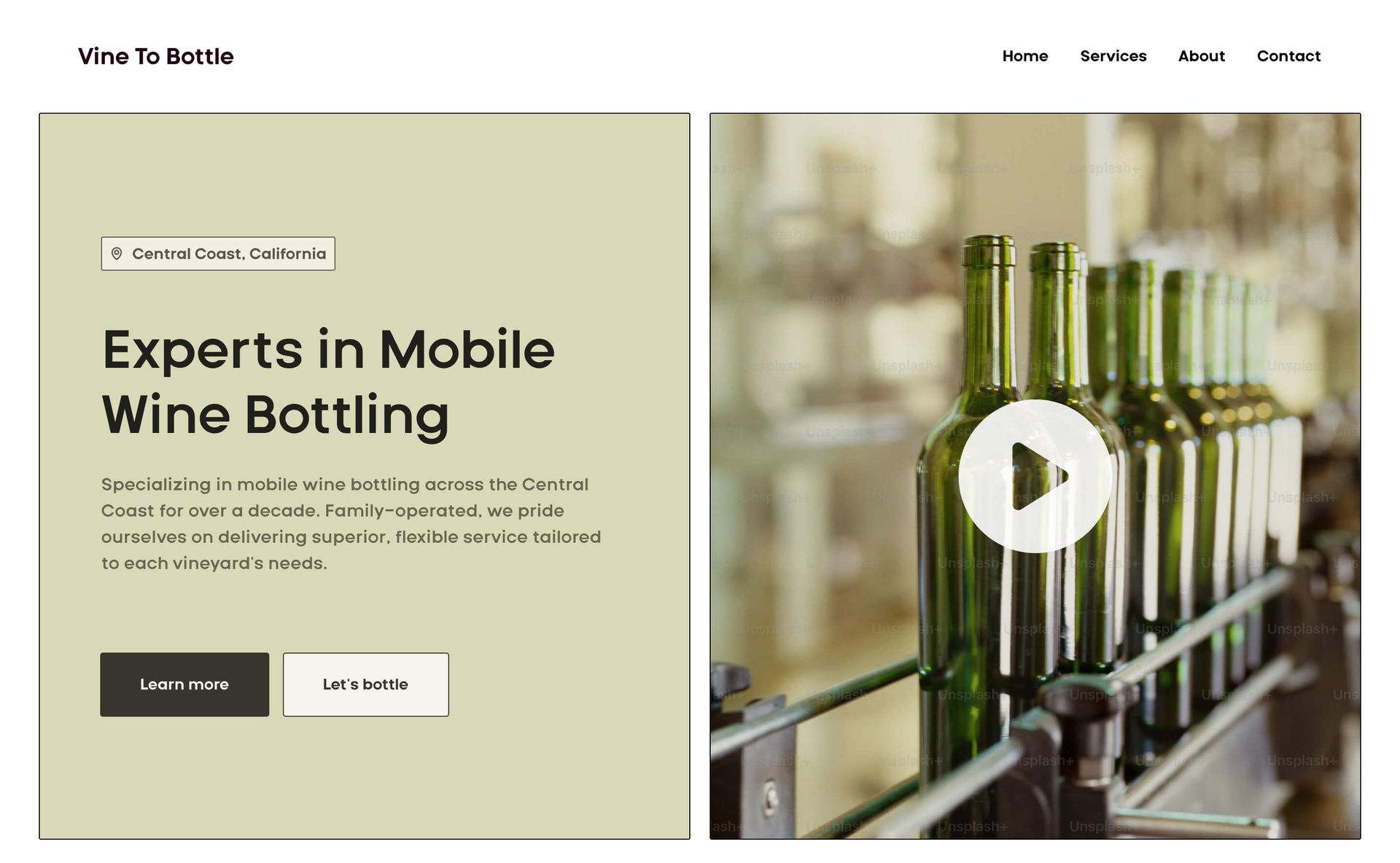 A clean and elegant website mockup for a mobile wine bottling service, emphasizing professionalism and expertise.